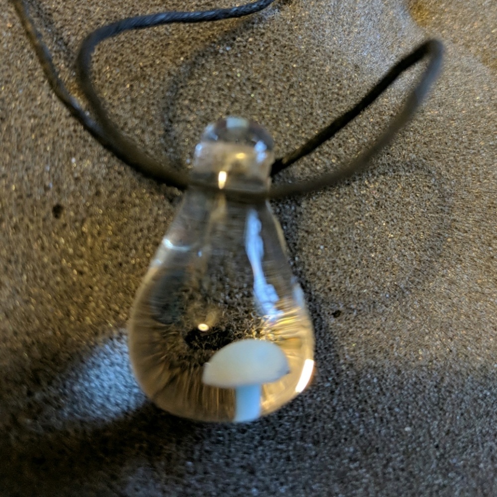 Micro blue glass mushroom pendant
